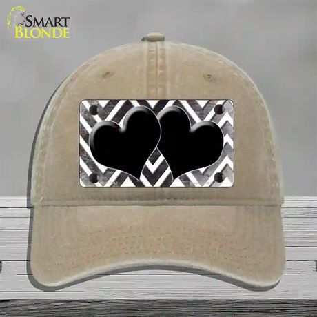 Black White Hearts Chevron Oil Rubbed Novelty License Plate Hat Unconstructed Cotton / Khaki