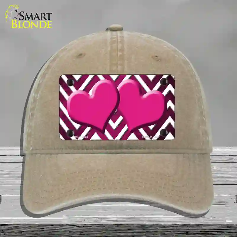 Pink White Hearts Chevron Oil Rubbed Novelty License Plate Hat Unconstructed Cotton / Khaki