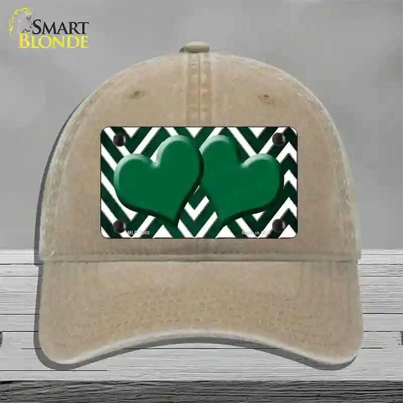 Green White Hearts Chevron Oil Rubbed Novelty License Plate Hat Unconstructed Cotton / Khaki