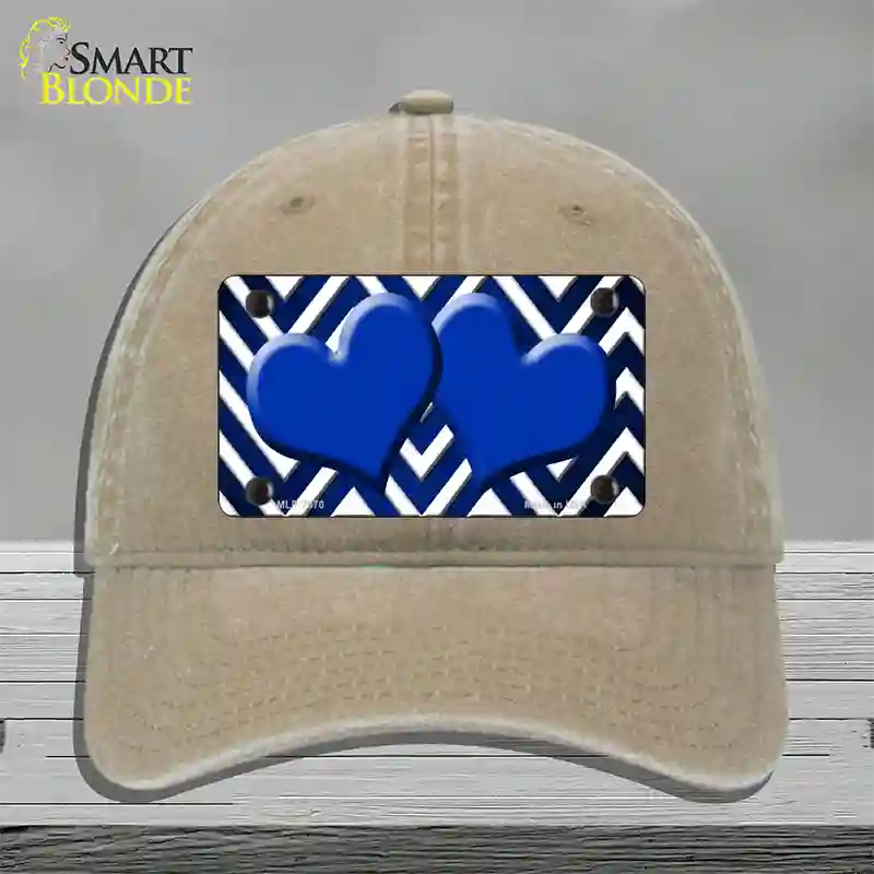 Blue White Hearts Chevron Oil Rubbed Novelty License Plate Hat Unconstructed Cotton / Khaki