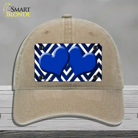 Blue White Hearts Chevron Oil Rubbed Novelty License Plate Hat Unconstructed Cotton / Khaki