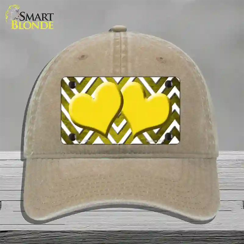 Yellow White Hearts Chevron Oil Rubbed Novelty License Plate Hat Unconstructed Cotton / Khaki