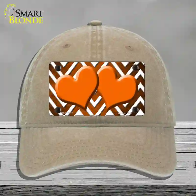 Orange White Hearts Chevron Oil Rubbed Novelty License Plate Hat Unconstructed Cotton / Khaki