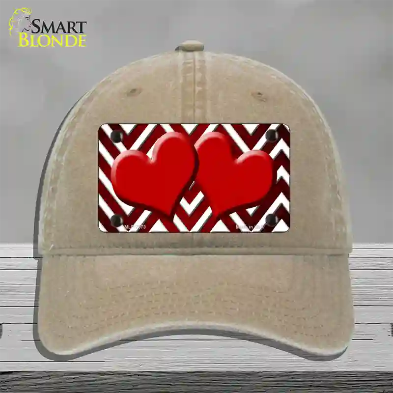 Red White Hearts Chevron Oil Rubbed Novelty License Plate Hat Unconstructed Cotton / Khaki