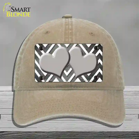 Gray White Hearts Chevron Oil Rubbed Novelty License Plate Hat Unconstructed Cotton / Khaki