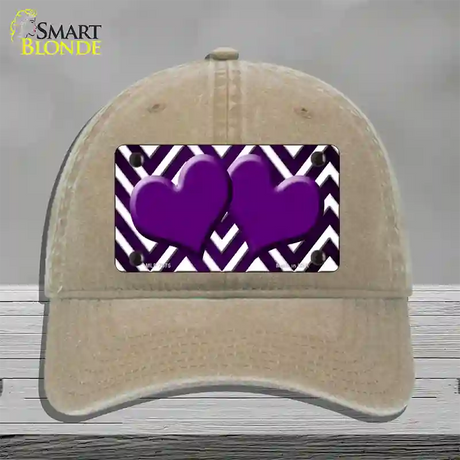 Purple White Hearts Chevron Oil Rubbed Novelty License Plate Hat Unconstructed Cotton / Khaki