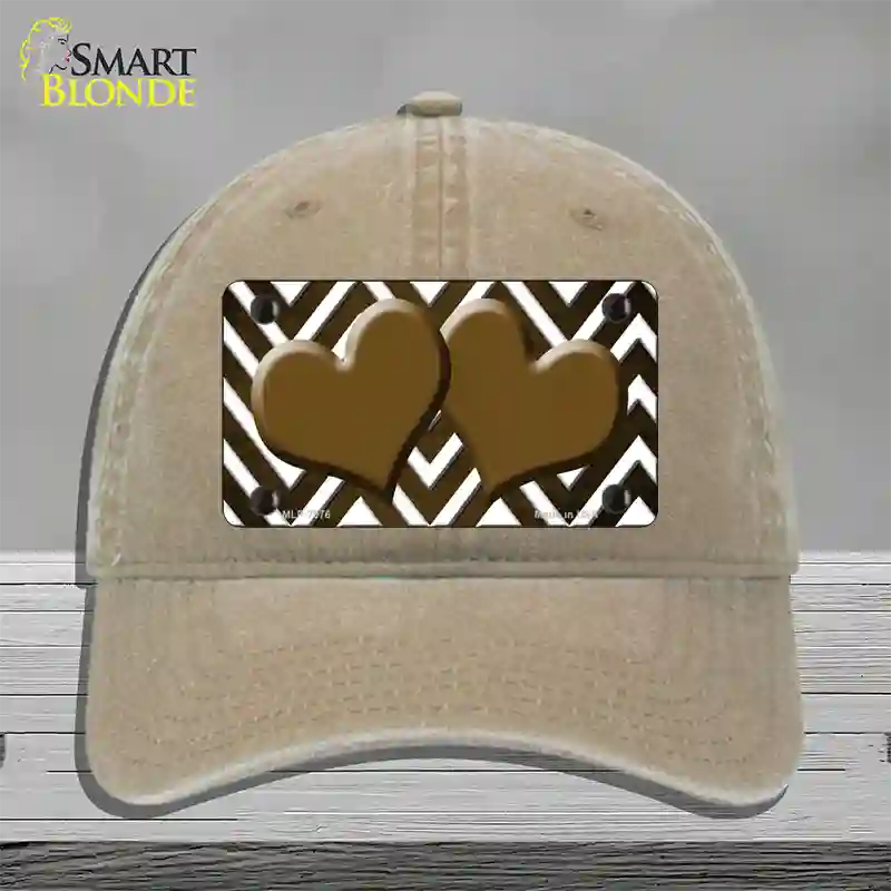 Brown White Hearts Chevron Oil Rubbed Novelty License Plate Hat Unconstructed Cotton / Khaki