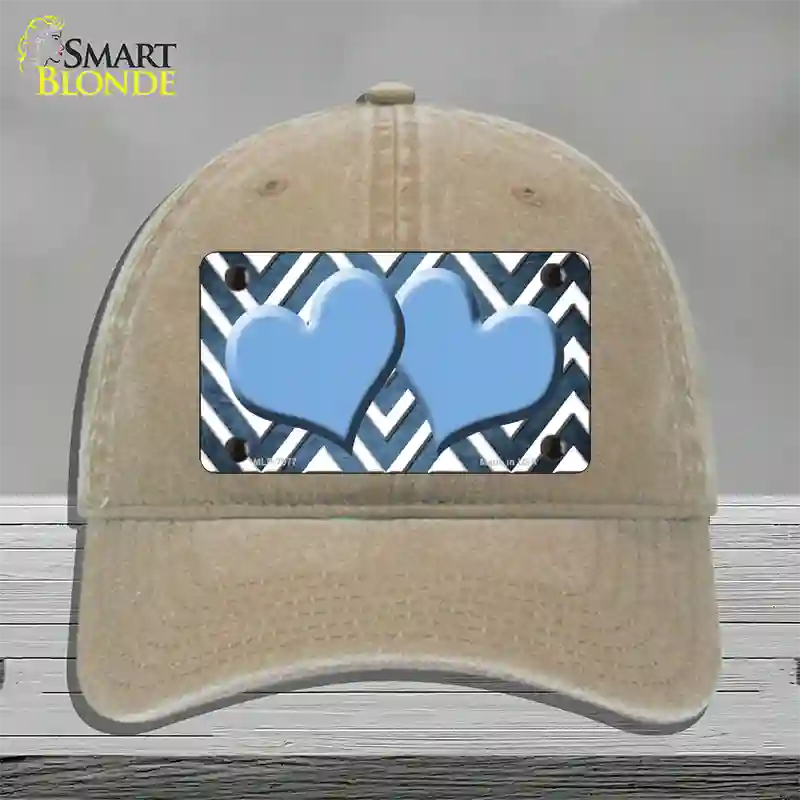 Light Blue White Hearts Chevron Oil Rubbed Novelty License Plate Hat Unconstructed Cotton / Khaki