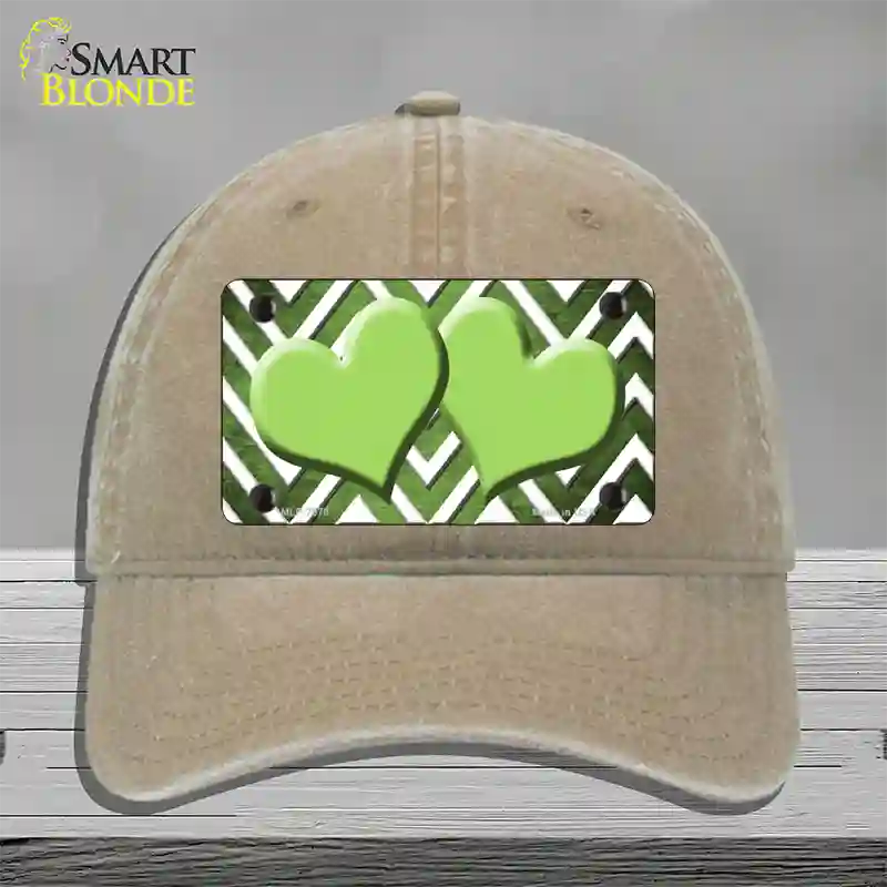 Lime Green White Hearts Chevron Oil Rubbed Novelty License Plate Hat Unconstructed Cotton / Khaki