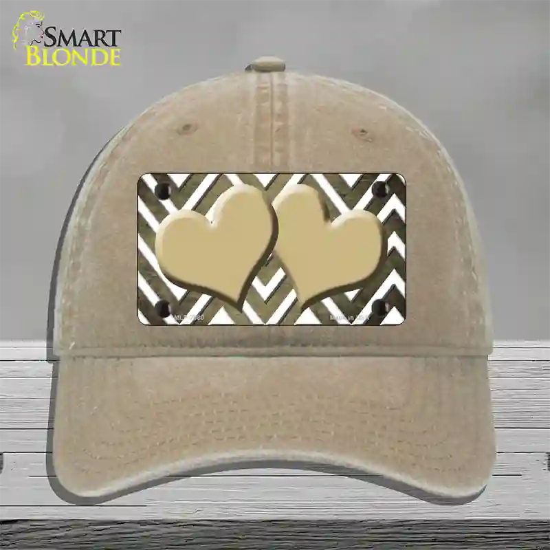 Gold White Hearts Chevron Oil Rubbed Novelty License Plate Hat Unconstructed Cotton / Khaki