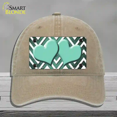 Mint White Hearts Chevron Oil Rubbed Novelty License Plate Hat Unconstructed Cotton / Khaki