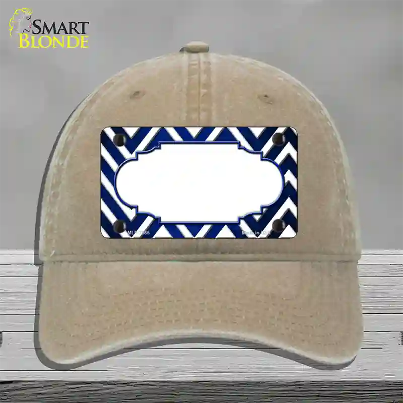 Blue White Chevron Scallop Oil Rubbed Novelty License Plate Hat Unconstructed Cotton / Khaki