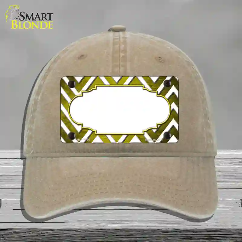 Yellow White Chevron Scallop Oil Rubbed Novelty License Plate Hat Unconstructed Cotton / Khaki