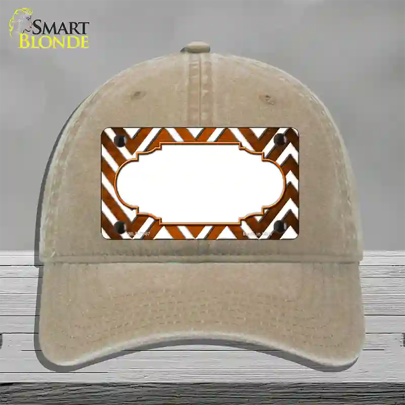 Orange White Chevron Scallop Oil Rubbed Novelty License Plate Hat Unconstructed Cotton / Khaki