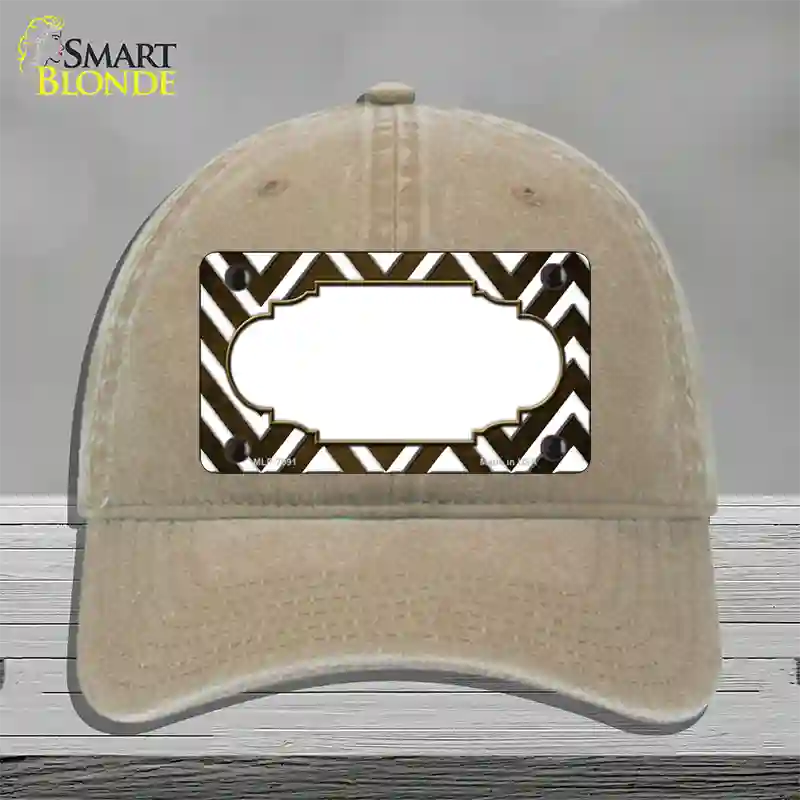 Brown White Chevron Scallop Oil Rubbed Novelty License Plate Hat Unconstructed Cotton / Khaki