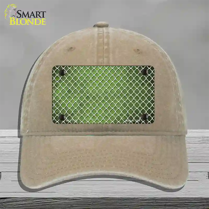 Lime Green White Quatrefoil Oil Rubbed Novelty License Plate Hat Unconstructed Cotton / Khaki