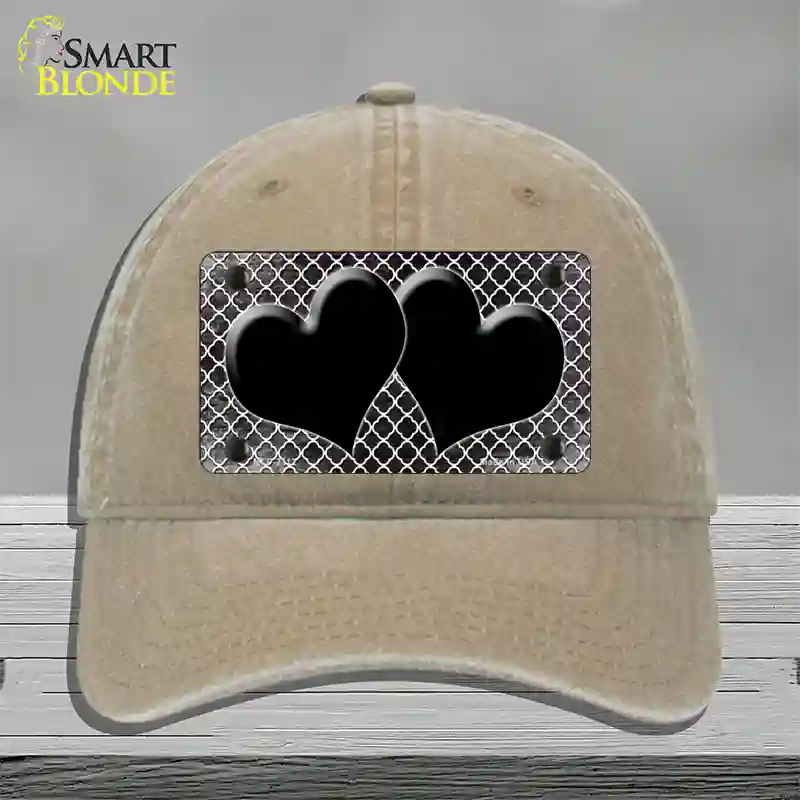 Black White Quatrefoil Hearts Oil Rubbed Novelty License Plate Hat Unconstructed Cotton / Khaki