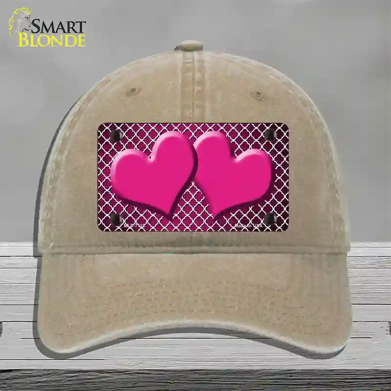 Pink White Quatrefoil Hearts Oil Rubbed Novelty License Plate Hat Unconstructed Cotton / Khaki