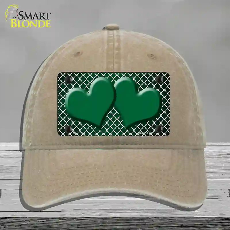 Green White Quatrefoil Hearts Oil Rubbed Novelty License Plate Hat Unconstructed Cotton / Khaki