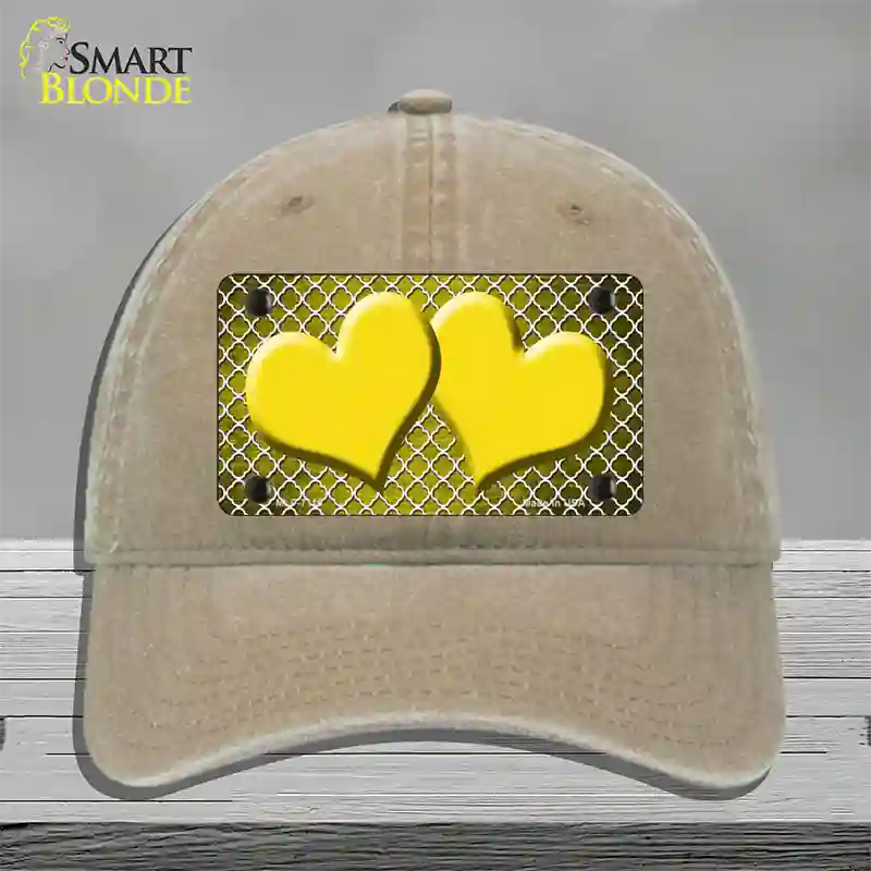 Yellow White Quatrefoil Hearts Oil Rubbed Novelty License Plate Hat Unconstructed Cotton / Khaki