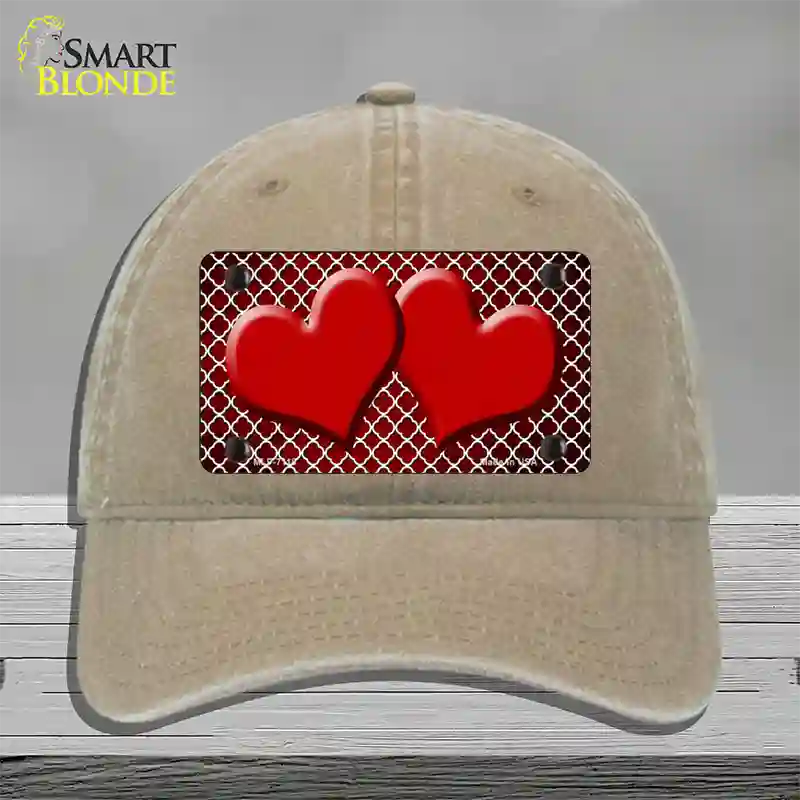 Red White Quatrefoil Hearts Oil Rubbed Novelty License Plate Hat Unconstructed Cotton / Khaki