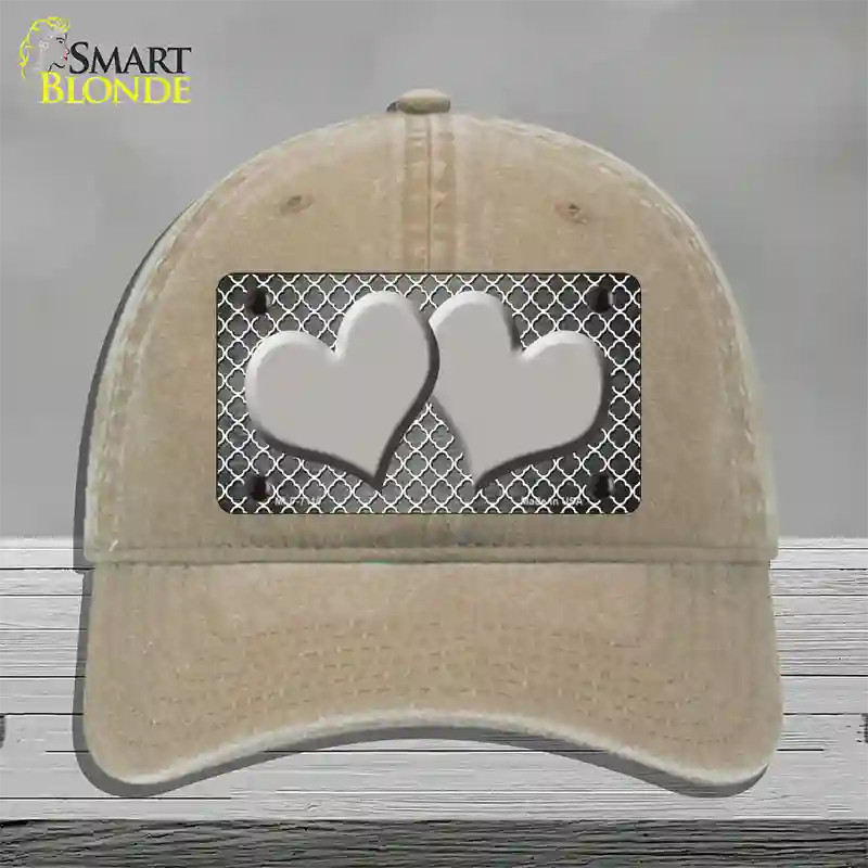 Gray White Quatrefoil Hearts Oil Rubbed Novelty License Plate Hat Unconstructed Cotton / Khaki