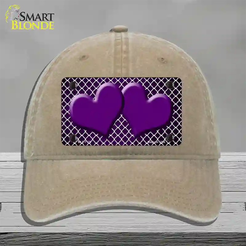 Purple White Quatrefoil Hearts Oil Rubbed Novelty License Plate Hat Unconstructed Cotton / Khaki