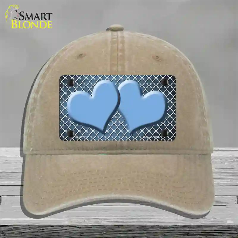 Light Blue White Quatrefoil Hearts Oil Rubbed Novelty License Plate Hat Unconstructed Cotton / Khaki