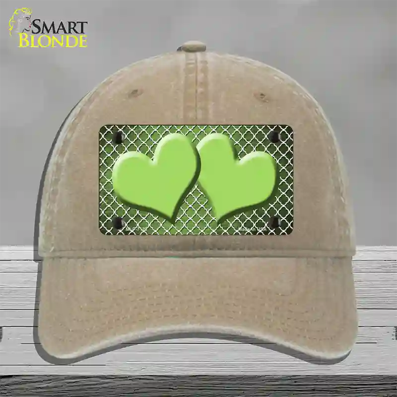 Lime Green White Quatrefoil Hearts Oil Rubbed Novelty License Plate Hat Unconstructed Cotton / Khaki