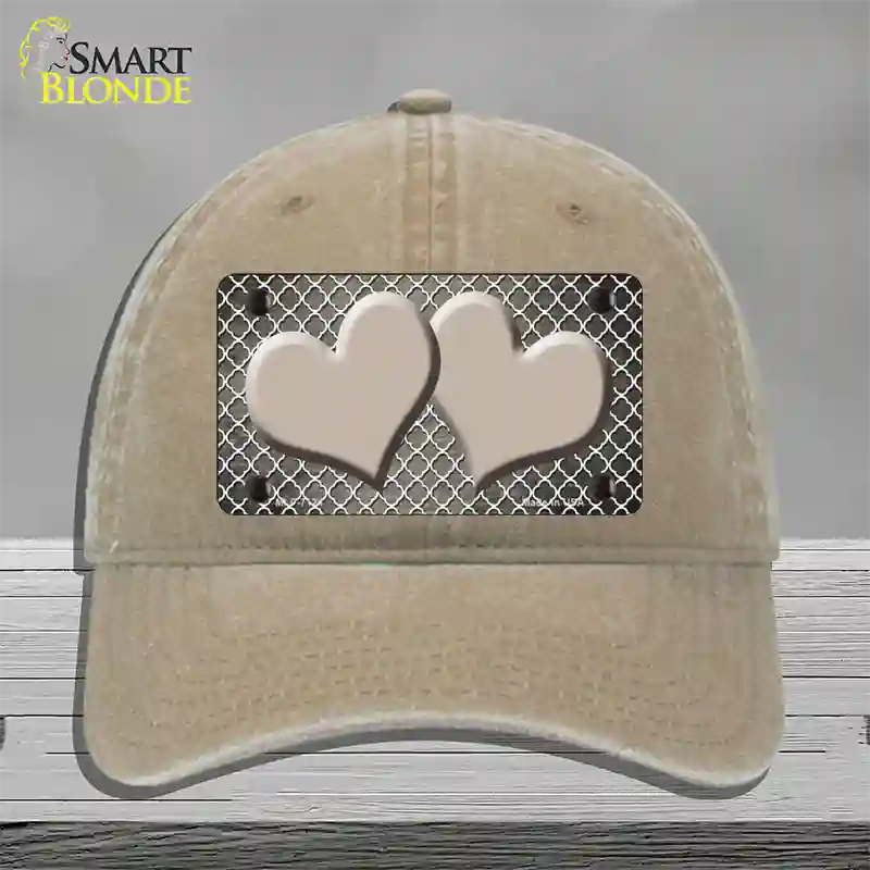 Tan White Quatrefoil Hearts Oil Rubbed Novelty License Plate Hat Unconstructed Cotton / Khaki