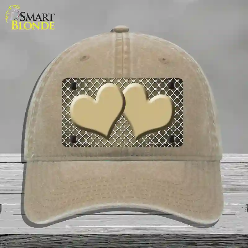 Gold White Quatrefoil Hearts Oil Rubbed Novelty License Plate Hat Unconstructed Cotton / Khaki