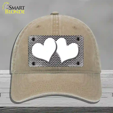 Black White Small Chevron Hearts Oil Rubbed Novelty License Plate Hat Unconstructed Cotton / Khaki