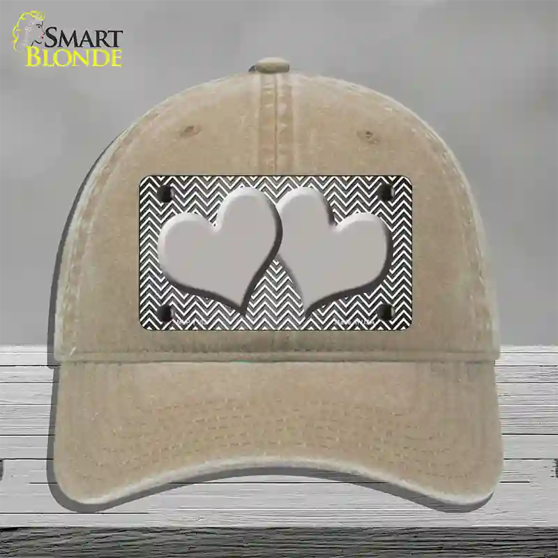 Gray White Small Chevron Hearts Oil Rubbed Novelty License Plate Hat Unconstructed Cotton / Khaki