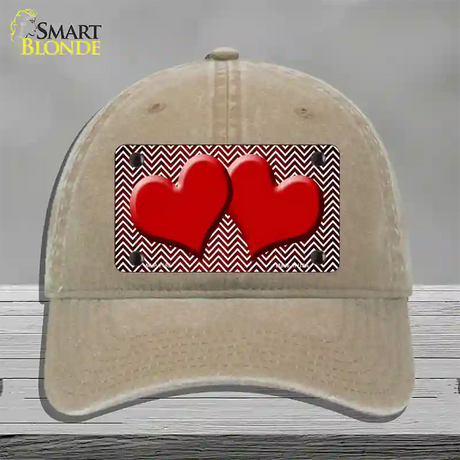 Red White Small Chevron Hearts Oil Rubbed Novelty License Plate Hat Unconstructed Cotton / Khaki