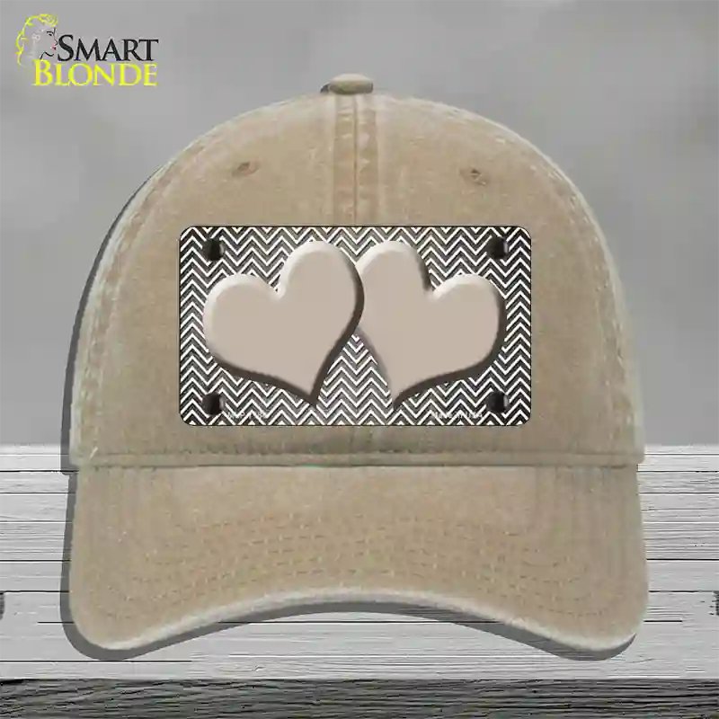 Tan White Small Chevron Hearts Oil Rubbed Novelty License Plate Hat Unconstructed Cotton / Khaki