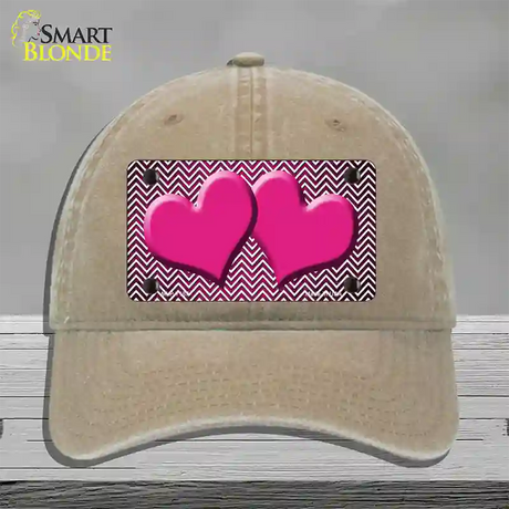 Pink White Small Chevron Hearts Oil Rubbed Novelty License Plate Hat Unconstructed Cotton / Khaki