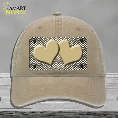 Gold White Small Chevron Hearts Oil Rubbed Novelty License Plate Hat Unconstructed Cotton / Khaki