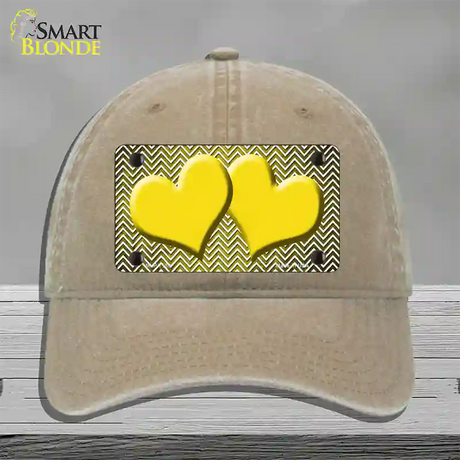 Yellow White Small Chevron Hearts Oil Rubbed Novelty License Plate Hat Unconstructed Cotton / Khaki