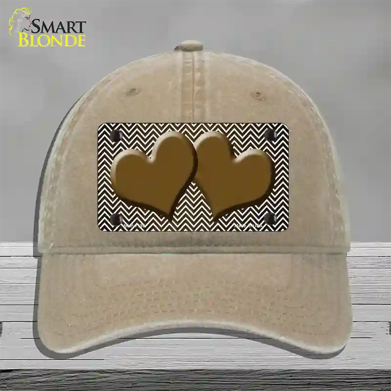 Brown White Small Chevron Hearts Oil Rubbed Novelty License Plate Hat Unconstructed Cotton / Khaki