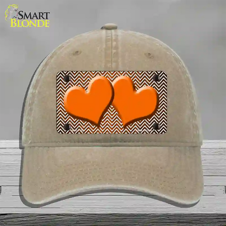 Orange White Small Chevron Hearts Oil Rubbed Novelty License Plate Hat Unconstructed Cotton / Khaki