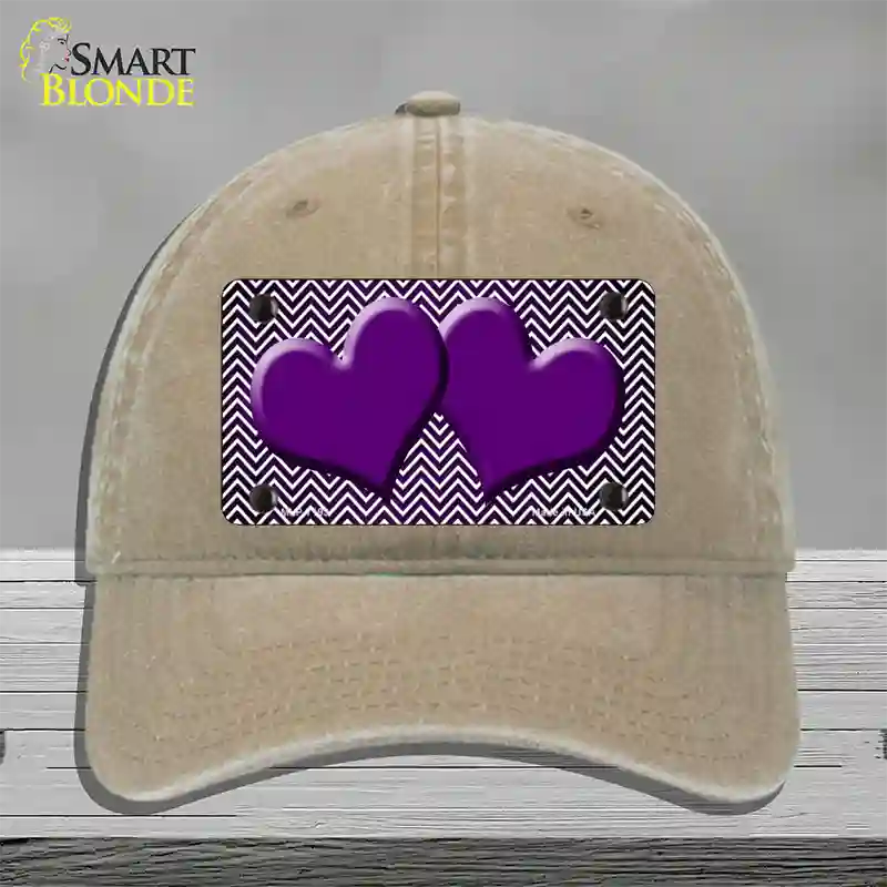 Purple White Small Chevron Hearts Oil Rubbed Novelty License Plate Hat Unconstructed Cotton / Khaki