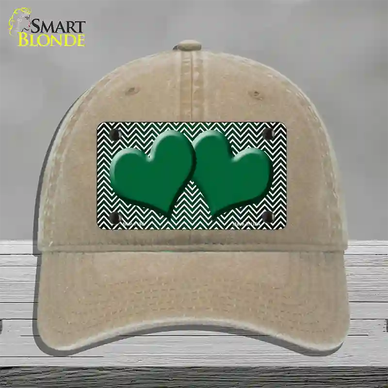 Green White Small Chevron Hearts Oil Rubbed Novelty License Plate Hat Unconstructed Cotton / Khaki