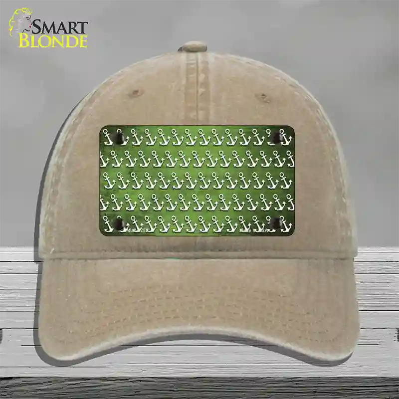 Lime Green White Anchor Oil Rubbed Novelty License Plate Hat Unconstructed Cotton / Khaki