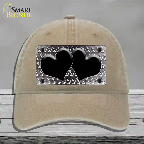 Black White Anchor Hearts Oil Rubbed Novelty License Plate Hat Unconstructed Cotton / Khaki