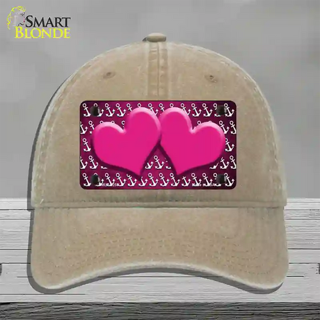 Pink White Anchor Hearts Oil Rubbed Novelty License Plate Hat Unconstructed Cotton / Khaki