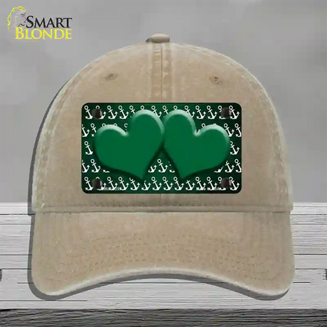 Green White Anchor Hearts Oil Rubbed Novelty License Plate Hat Unconstructed Cotton / Khaki