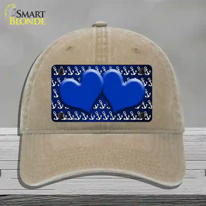 Blue White Anchor Hearts Oil Rubbed Novelty License Plate Hat Unconstructed Cotton / Khaki