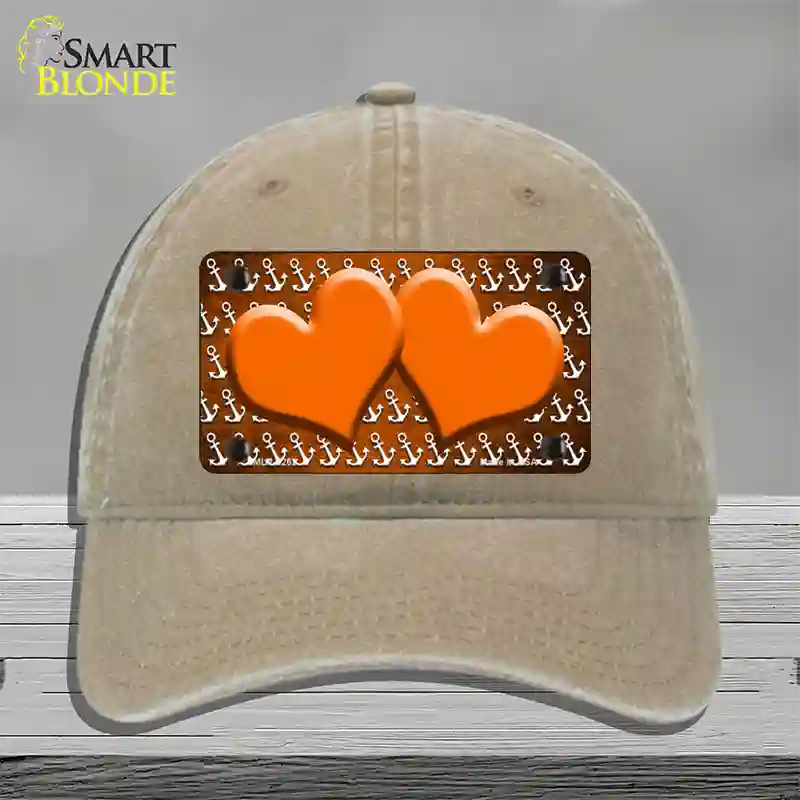 Orange White Anchor Hearts Oil Rubbed Novelty License Plate Hat Unconstructed Cotton / Khaki