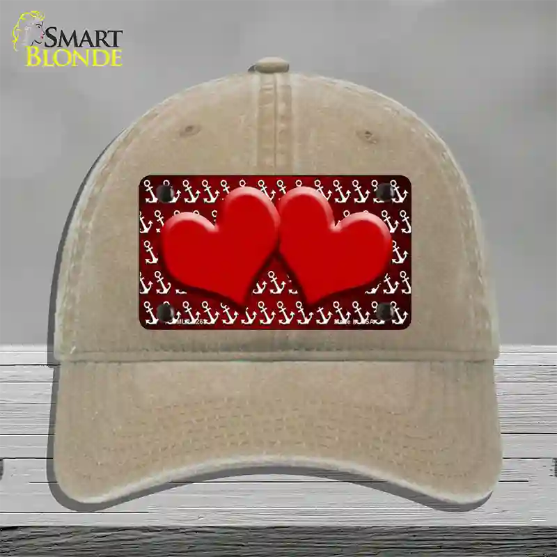 Red White Anchor Hearts Oil Rubbed Novelty License Plate Hat Unconstructed Cotton / Khaki