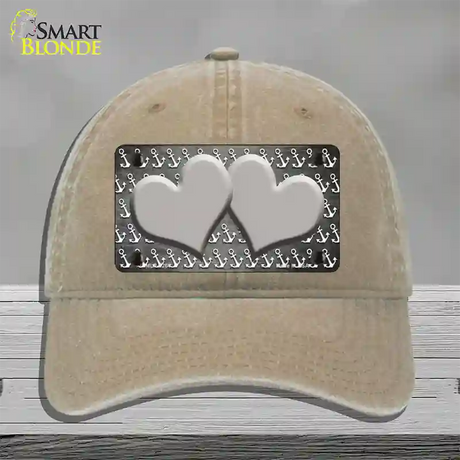 Gray White Anchor Hearts Oil Rubbed Novelty License Plate Hat Unconstructed Cotton / Khaki